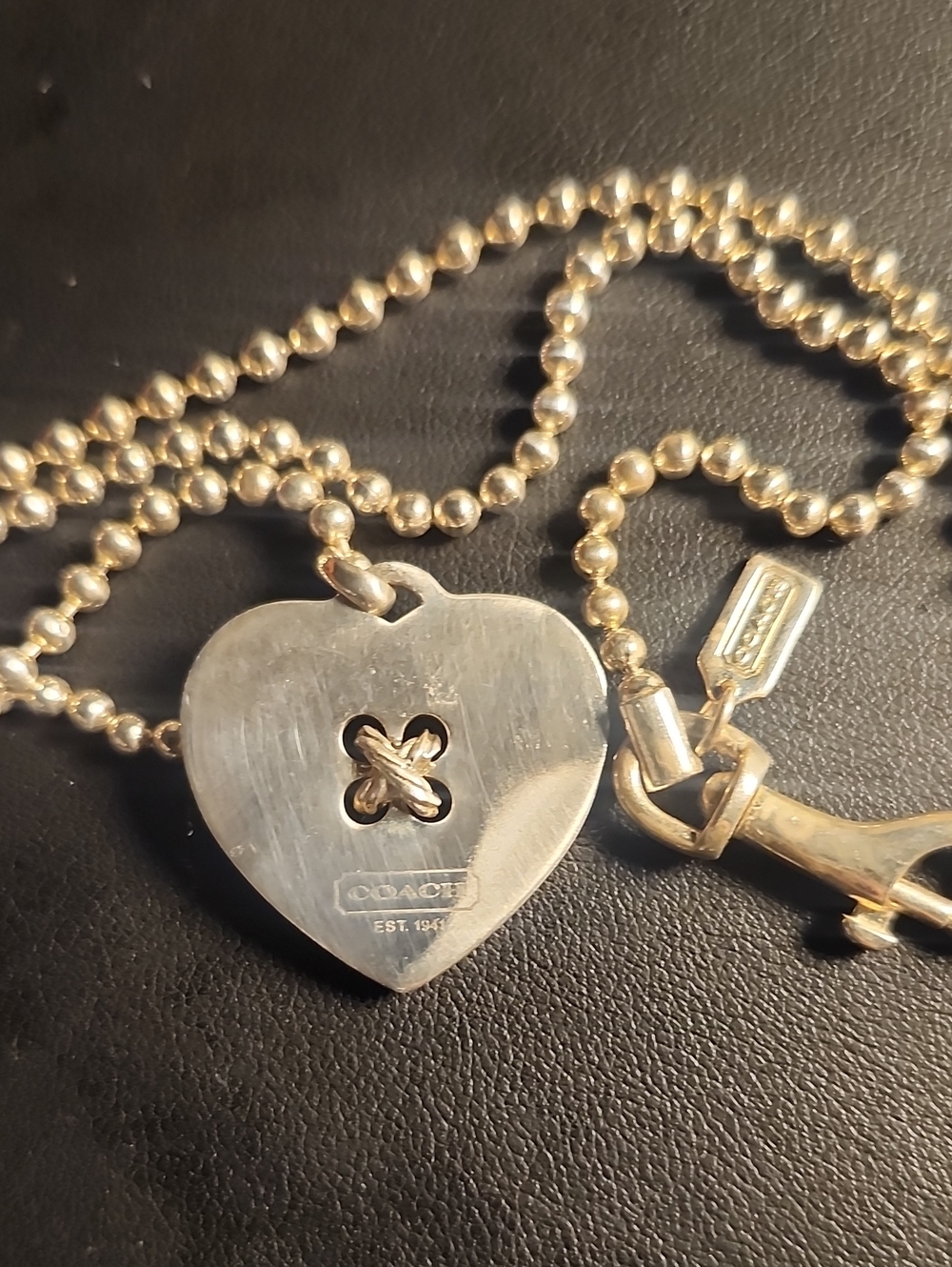 Coach Sterling Silver Heart Button Pendant Ball Chain Necklace Rare Vintage - Picture 7 of 8